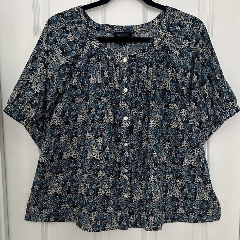 Karen Kane Navy and Cream Floral Blouse